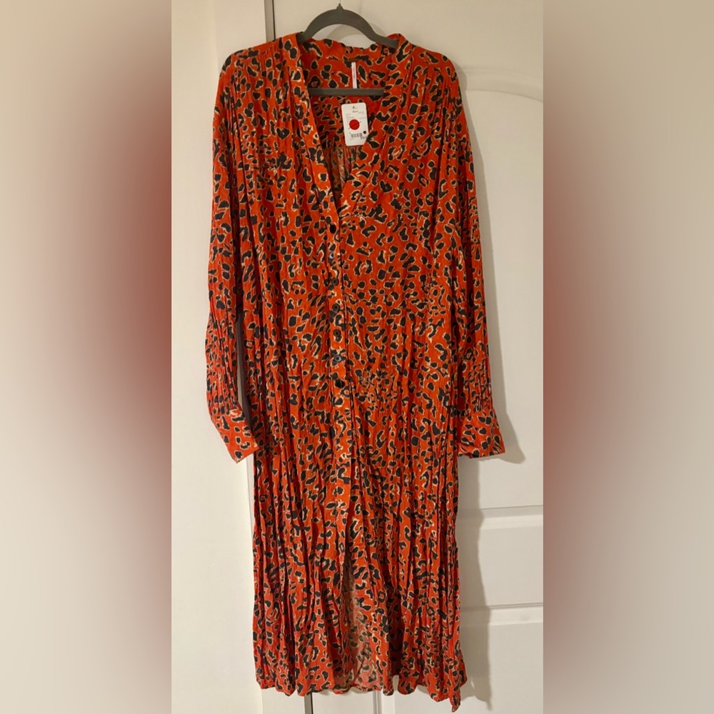 FREE PEOPLE Red/Orange Leopard Print Duster